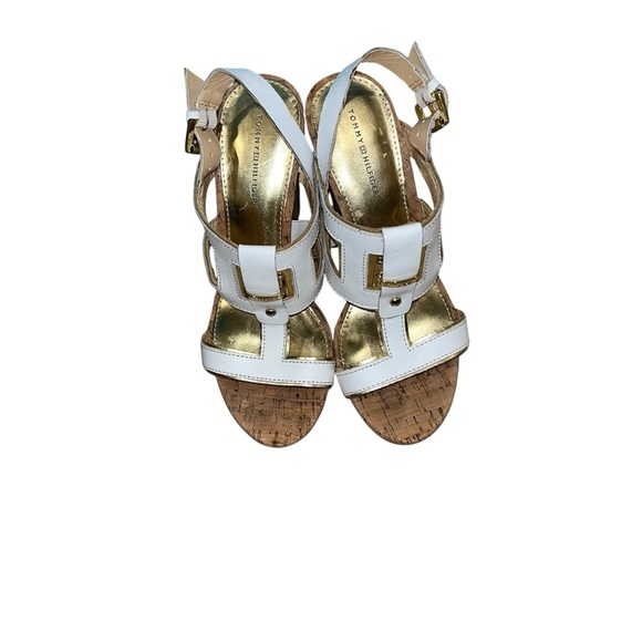Y2K Tommy Hilfiger block heels sandals vintage retro cork leather white gold 7 - Picture 4 of 6